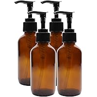 Cornucopia 4oz Amber Glass Pump Bottles (4-Pack); Great for Lotions, Liquid Soap, Aromatherapy and More