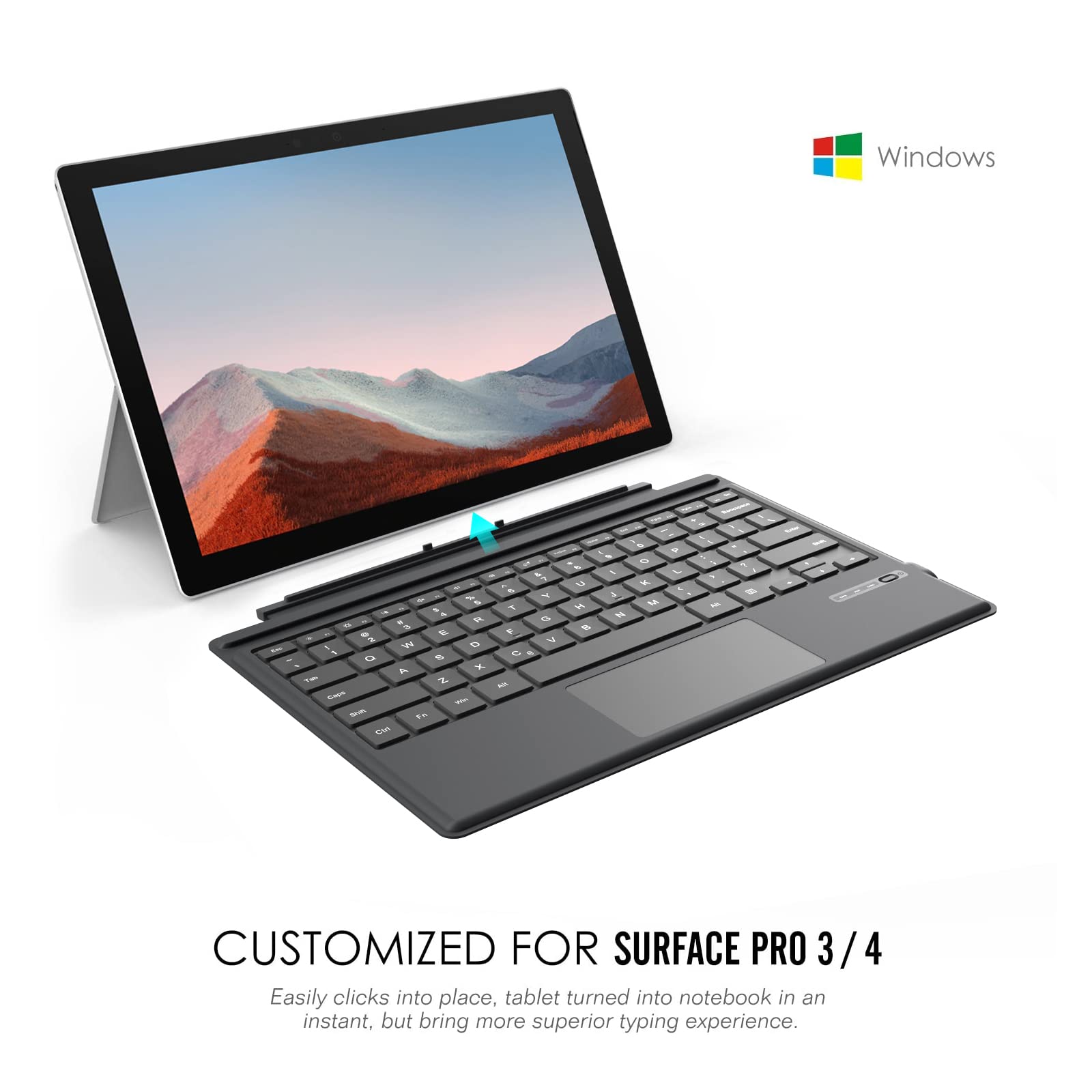 MoKo Type Cover Compatible for Microsoft Surface Pro 7 Plus/Pro 7 / Pro 6 / Pro 5 / Pro 4 /Pro 3, Lightweight Slim Wireless Bluetooth Keyboard with Touchpad and Built-in Rechargeable Battery, Gray