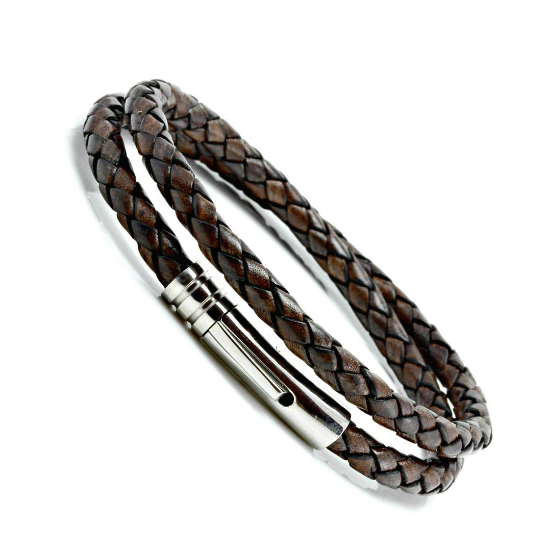 CMJ London Mens Leather & Stainless Steel Wrap Bracelet-Real 5mm Braided Antique Brown Leather Cord Double Wrapped Bracelet