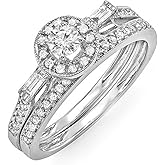 Dazzlingrock Collection Valentine's Day Gift 0.50 Ctw Round & Baguette Natural Diamond Women Bridal Ring Engagement Set, 14K White Real Solid Gold
