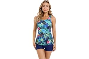 SHUOBEITER Modest Tankini Swimsuits for Women Two Piece Bathing Suits Floral Print Tank Top with Boyshorts Tummy Control Swimming Suits