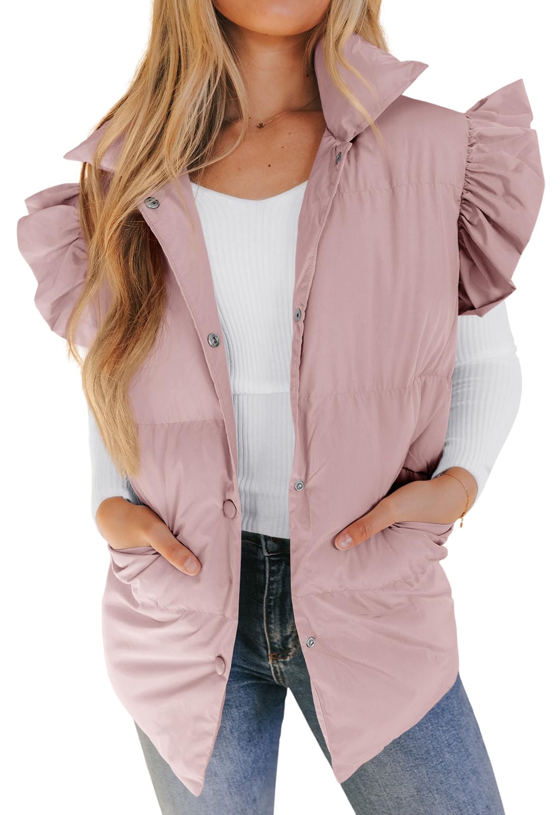 Photo 1 of ** UNKNOWN SIZE*** Valphsio Women's Puffer Vests Ruffle Sleeve Winter Button Down Padded Gilet with Pockets