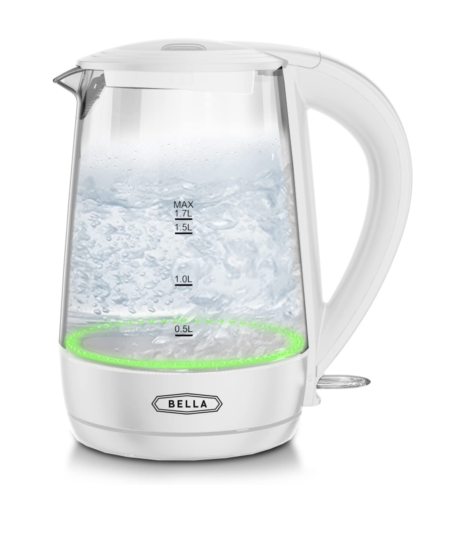 Photo 1 of BELLA 1.7 Liter Glass Electric Kettle, Quickly Boil 7 Cups of Water in 6-7 Minutes, Soft Green LED Lights Illuminate While Boiling, Cordless Portable Water Heater, Carefree Auto Shut-Off, White