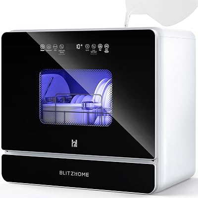 BLITZHOME Countertop Portable Mini Dishwasher, 9 Programs,167℉ High-Temp, Hot Air Drying, Air Refresh, 360° 3 Spray, 24H Timing, LED Light, 5.2L Built-in Water Tank for Apartments RVs