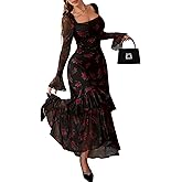 GothDark Women's Floral Mesh Dress Elegant Long Sleeve Square Neck Double Layer Ruffle Hem Casual Wedding Guest Maxi Dresses