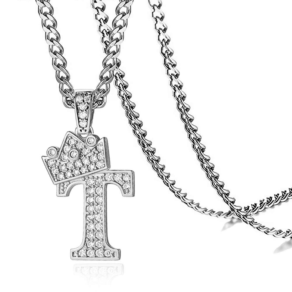 Crown King Necklace Initial Letter Pendant Silver Chain Hip Hop Chain Monogram Stainless Steel Necklace for Men Women