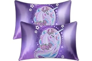 BlessLiving Satin Pillowcase for Hair and Skin Purple Unicorn Silk Pillow Shams with Envelope Closure Set of 2 Pack Slip Pillow Cases for Girls Women Gifts (Standard(20''x26''))