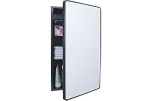 FOX HOLLOW FURNISHINGS 16x26 Austin Farmhouse Metal Framed Rounded Rectangle Recessed Bathroom Medicine Cabinet, Beveled Mirror, 14x24 in-Wall Opening, powder-coated Steel, Adjustable Glass Shelves, Magnet Close, Black