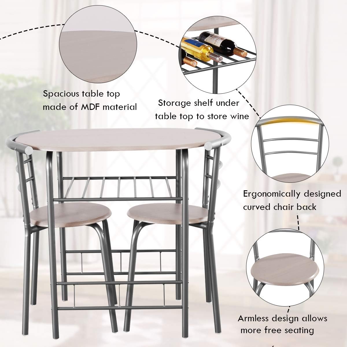 Giantex 3 Piece Dining Set Compact 2 Chairs and Table Set with Metal Frame and Shelf Storage Bistro Pub Breakfast Space Saving for Apartment and Kitchen (Beech) - Table & Chair Sets