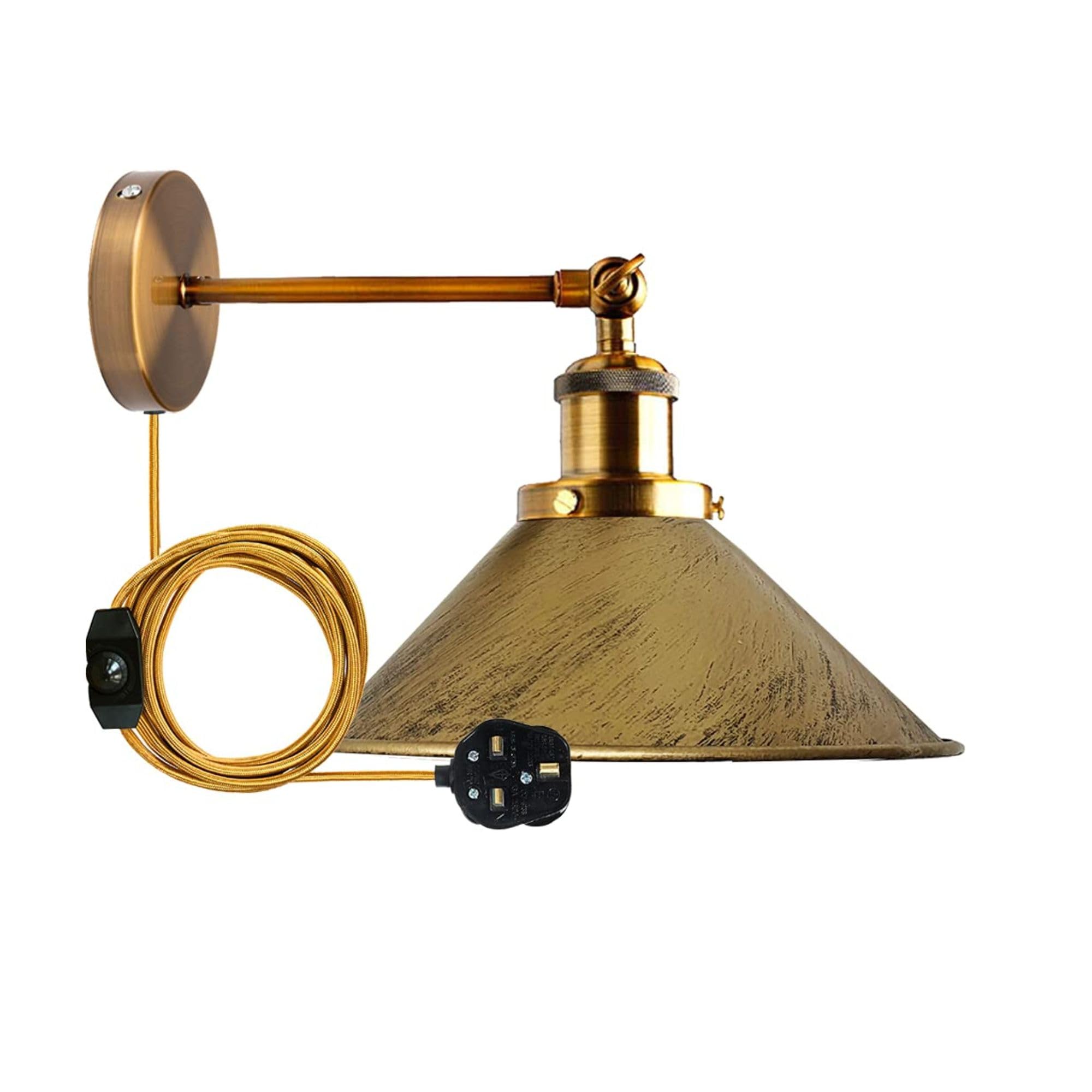 LEDSone Vintage Metal Cone Shade Wall Lights Adjustable Arm, LED E27 Lamp Base 2m Plugin Wall Sconce Lamp Fixture with Dimmer Switch for Bedroom Kitchen Dining Room