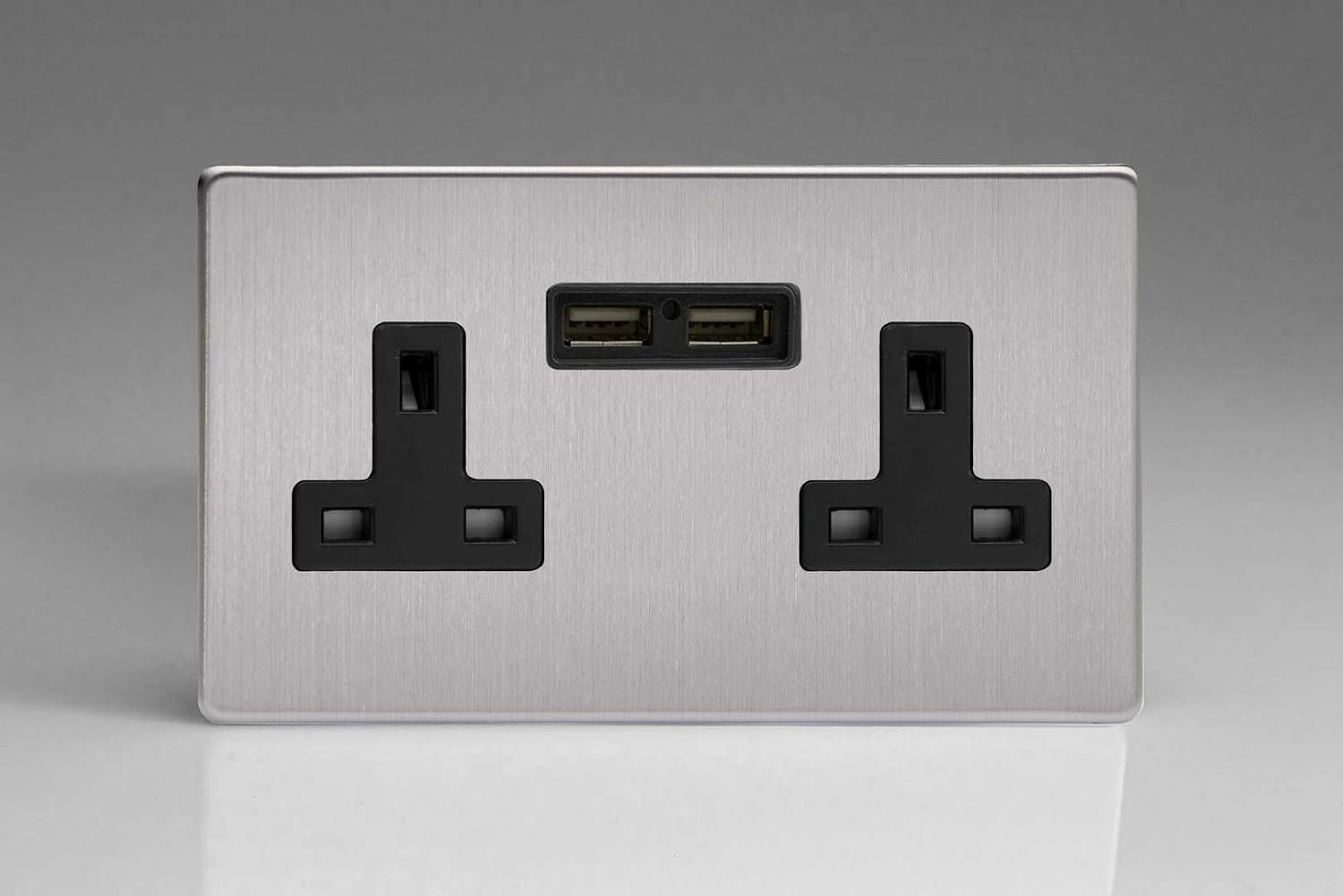Varilight 2 Gang, 13 Amp Unswitched Socket with 2 Optimised USB Charging Ports, Black Insert. Dimension Screwless Brushed Steel