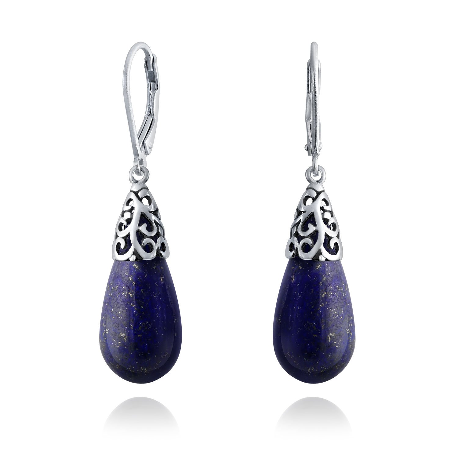 Western Style Gemstone Blue Lapis Lazuli Elongated Teardrop Filigree Lever Back Dangle Earrings For Women .925 Sterling Silver — image 1