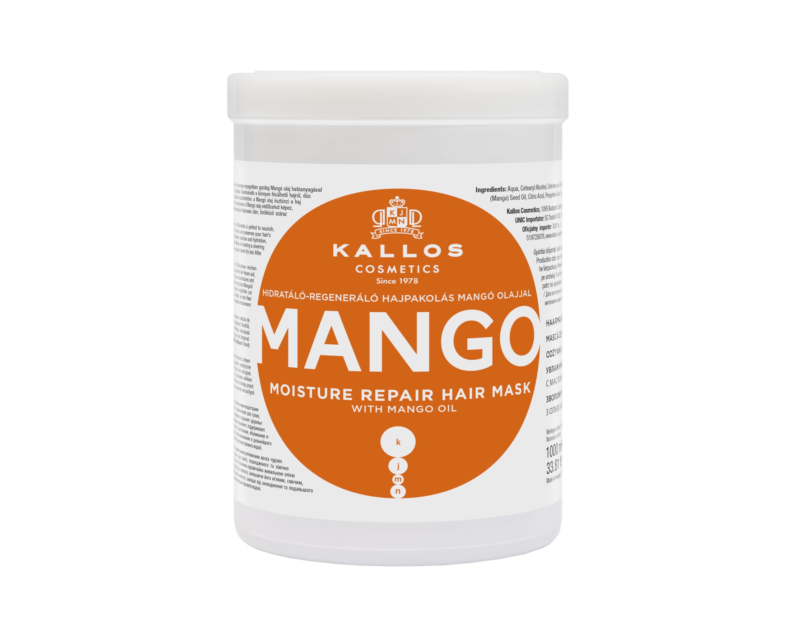 Kallos Cosmetics KJMN Mango Moisture Repair Hair Mask for Dry, Damaged and Chemically Treated Hair, Moisturises, Enhances Shine and Boosts Volume with Mango Oil - 1L