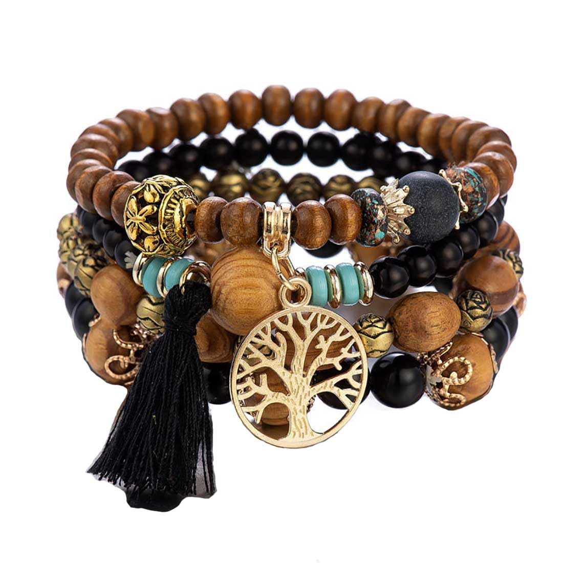 Cubahop Multilayer Tassel Wooden Bead Stackable Colorful Bracelet Fantasy Wristbands Tree Of Life Colorful Elastic Hand Accessories for Women and Girls (Black)