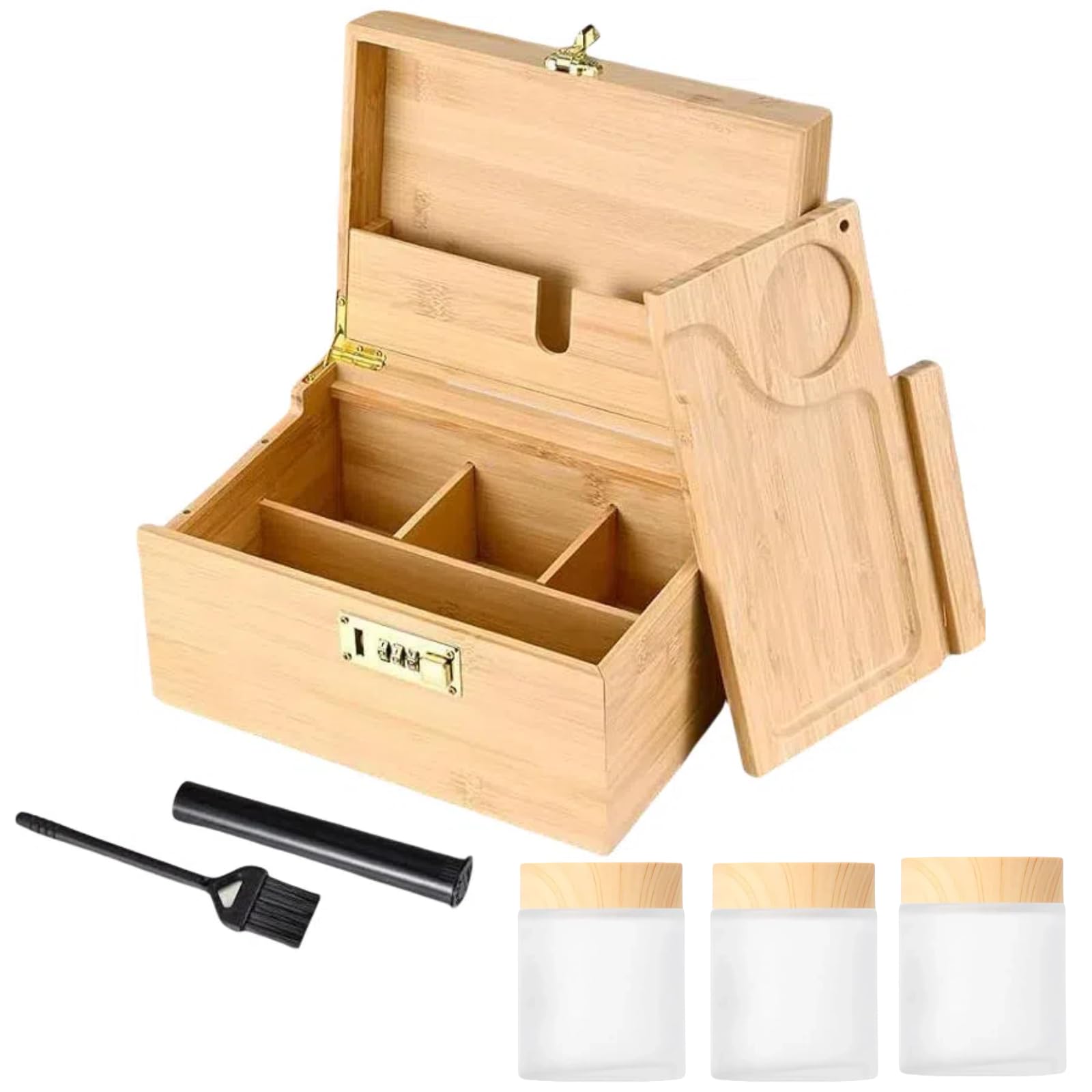 AevQuas Bamboo Storage Box with Combination Lock - Premium Large Bamboo Storage Box with Removable Tray Brush and Glass Storage Jars, Wooden Storage with All Accessories