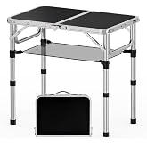 YihuiKo Folding Camping Table with Storage Net, Lightweight Portable Table | Adjustable Height, Extension Legs, Small Folding Table for Picnic Camping Fishing, Carrying Handle, Aluminum Alloy Frame