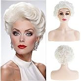 Wiwige Short Curly Wavy White Wigs for Women Retro Bouffant Synthetic Natural Hair Wig Halloween Costume Cosplay Wig