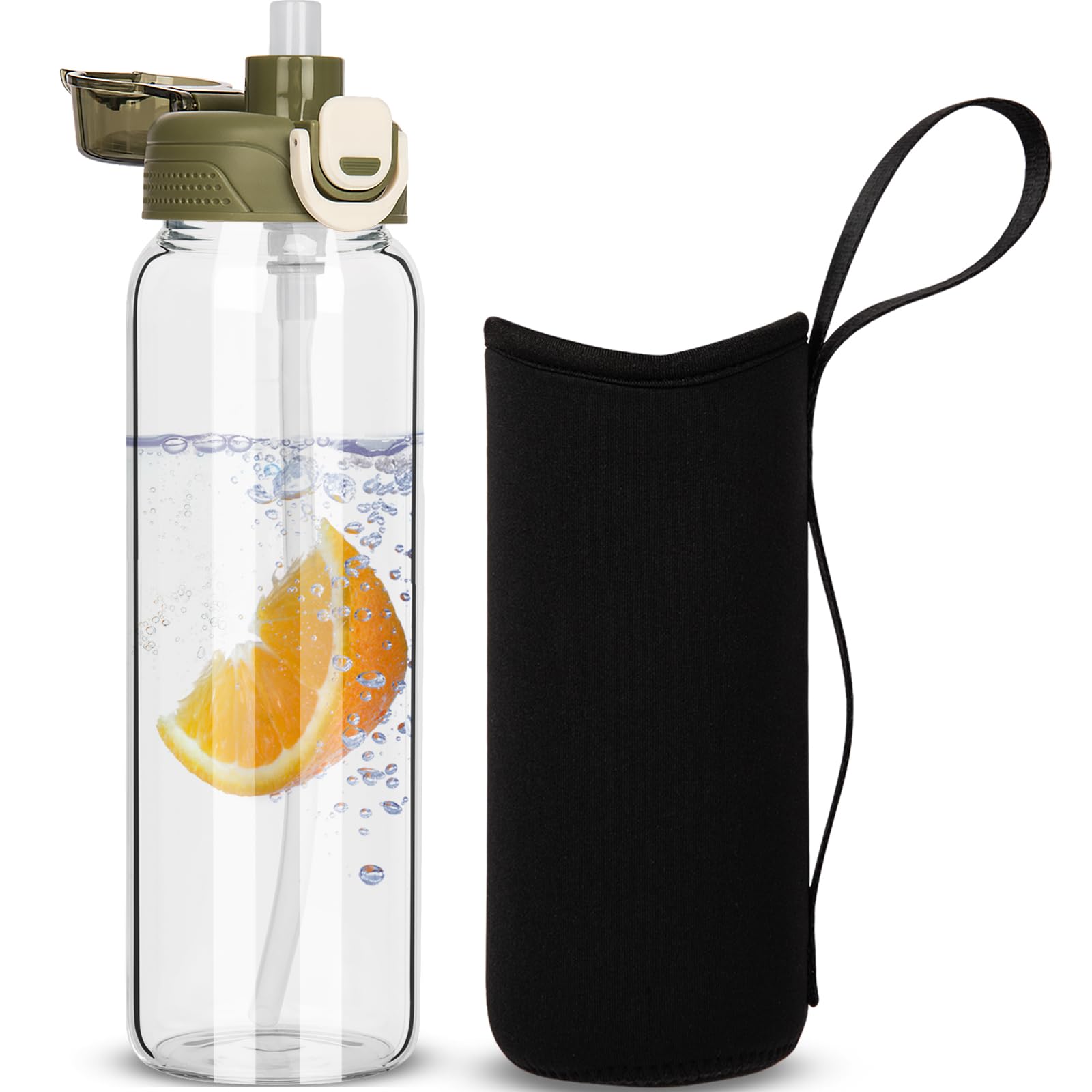 DEARRAY 800ml Glass Water Bottle with Straw & Neoprene Sleeve 0.8l BPA free Glass Drinking Bottle Leakproof