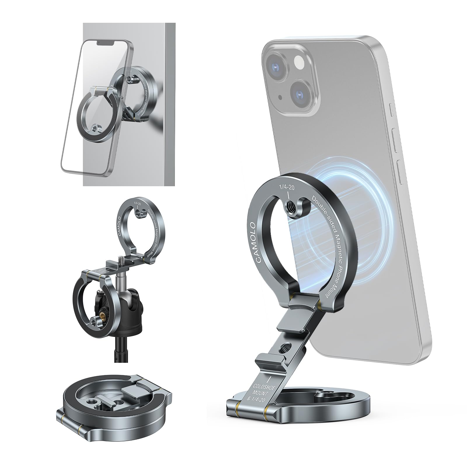 CAMOLO Dual Magnetic Phone Holder,Foldable Phone Stand,Compatiable for iPhone 16 15 14 13 12 Pro Max Plus Series&Magsafe,1/4" Screw Hole for Tripod, Car,Gym,Travel