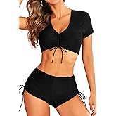 SHEKINI Women's 2 Pieces Swimsuits Crisscross Bikini Top Tummy Control Side Tie Boyshorts