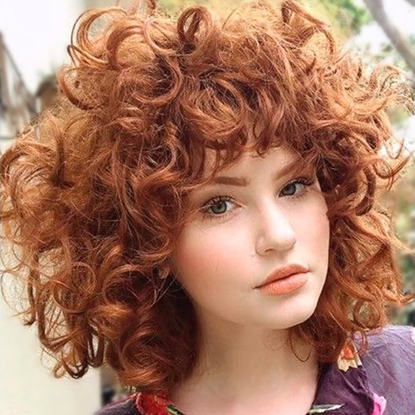 PORSMEER Copper Brown Curly Afro Wigs for Women Natural Loose Curly Afro Kinky Medium Wavy Bob Wig with Fringe Black Women for Costume or Daily Wear — image 1