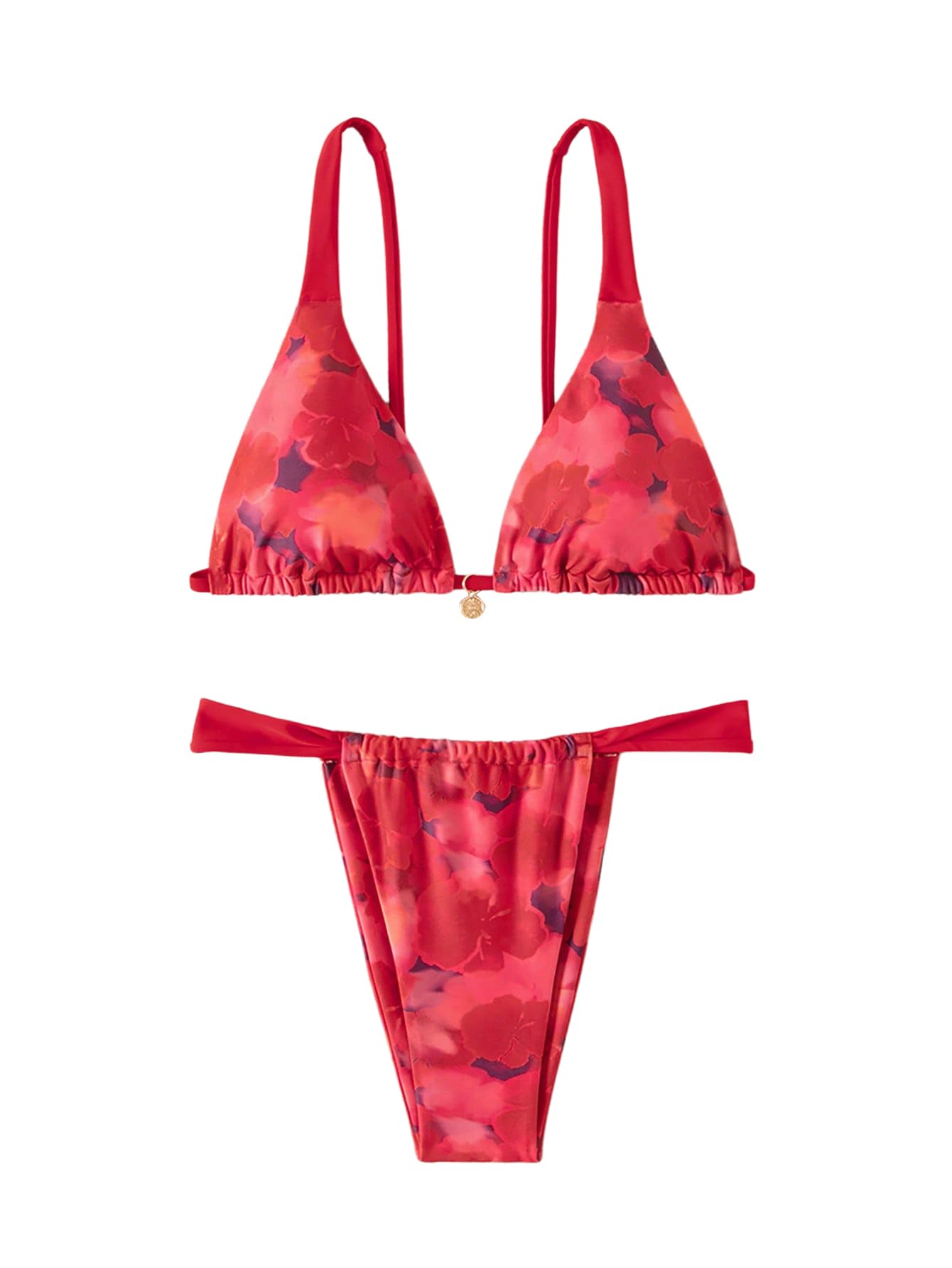 Photo 1 of MakeMeChic Women's Floral Print 2 Piece Bikini Sets Tie Back Triangle Thong Bathing Suit Swimsuit Red Multi Medium