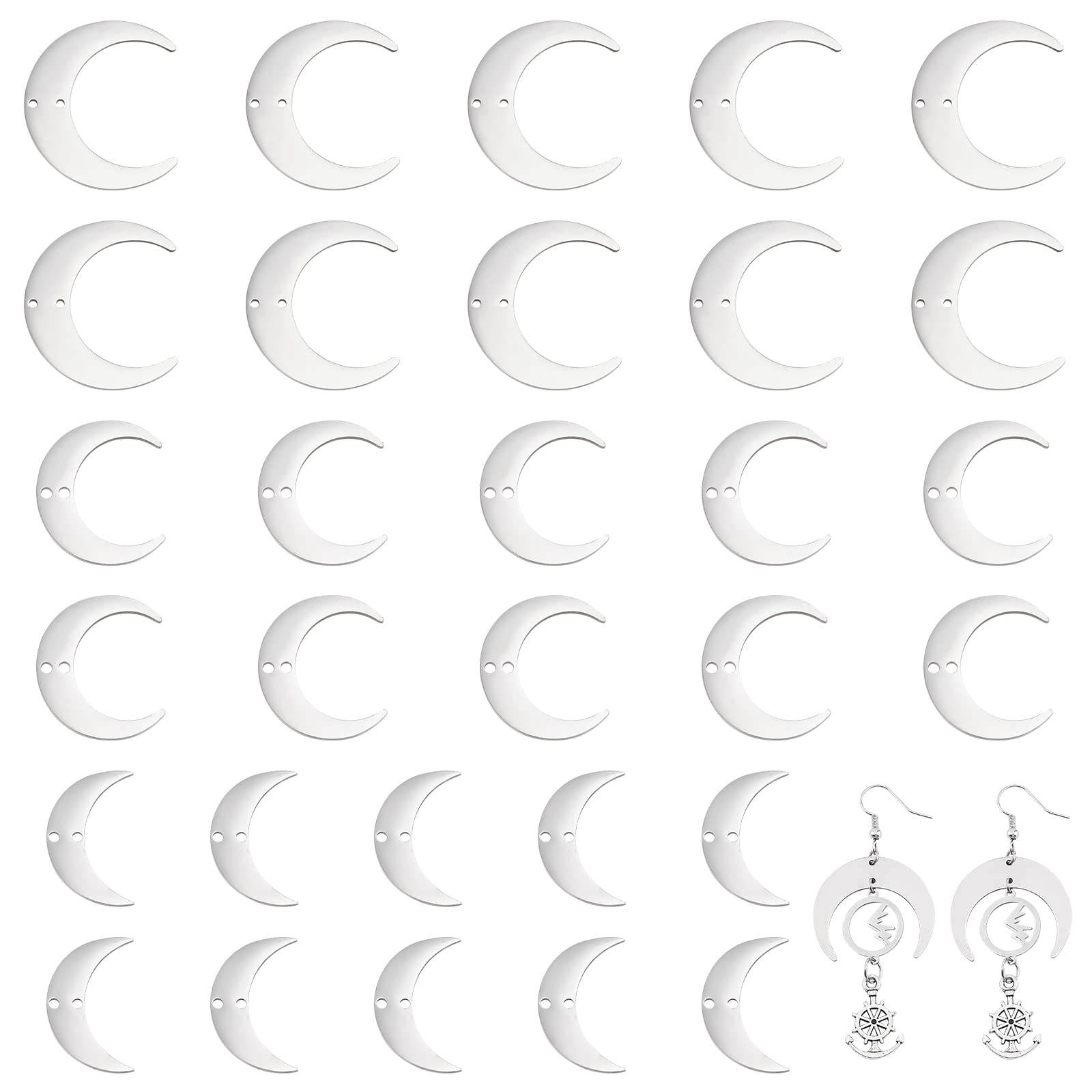 CHGCRAFT 30Pcs 3 Sizes Stainless Steel Crescent Moon Connector Charms Crescent Link Charms Stainless Steel Links Charm Moon Beads for Jewellery Making Stainless Steel Color, Length 12-26mm