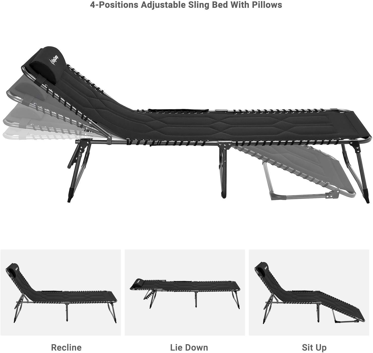 KingCamp 4-Fold Oversize Folding Chaise Lounge Chair for Outdoor, Indoor, Beach, Patio, Lawn, Heavy-Duty Adjustable Camping Recliner with Pillow, Cotton Padded, Side Pocket, Support 330lb : Garden & Outdoor
