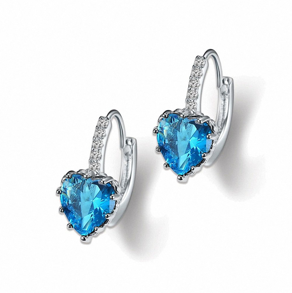 megko 925 Sterling Silver Heart Cubic Zircon Crystal Ear Clip on Earrings Lever Back Drop Earrings for Women Girls (Blue)