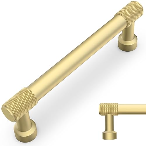 BUKOBYHE 10 Pack 5Inch(128mm) Kitchen Cabinet Handles Brushed Gold Knurled Cabinet Pulls Gold Drawer Pulls Kitchen Hardware