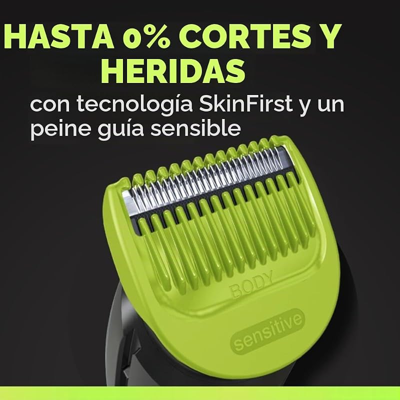 Labs i7 - Cortacésped para cuerpo y zona íntima para hombre, con tecnología SkinFirst, cortapelos impermeable, luz LED para visibilidad, 3 accesorios de corte de precisión y base de carga