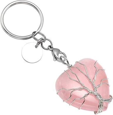 Amazon Com Manifo Natural Gemstone Crystal Keychain Heart Carved Wire Wrapped Tree Of Life Healing Stone Key Ring Rose Quartz Clothing