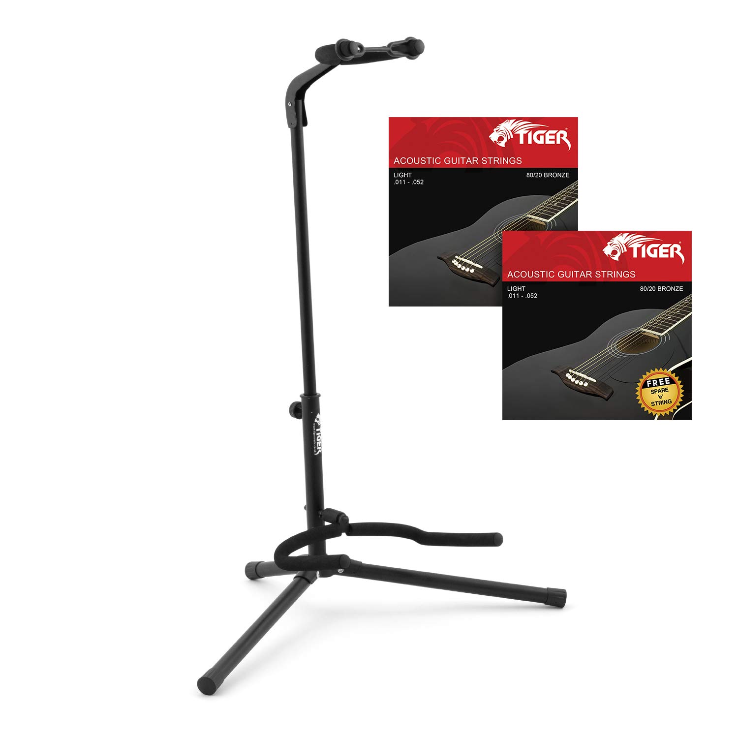 TIGER GST14-AGS Universal Guitar Stand with 2 Packs of Acoustic Guitar Strings
