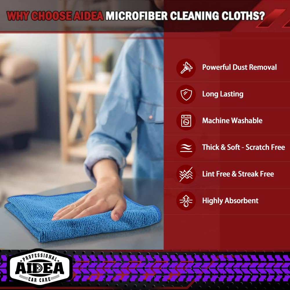AIDEA Microfiber Cleaning Cloth, 50PK, Microfiber Towels for Cars, Premium Wash Cloths, Dusting Cloth Cleaning Rags, Absorbent Towels for SUVs, House, Kitchen, Window, Cleaning Supplies12×12