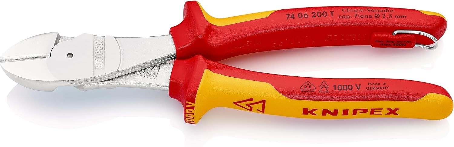 KNIPEX High Leverage Diagonal Cutter Chrome-Plated Insulated with Multi-Component Grips with Integrated Insulated Tether Attachment, 74 06 200 T