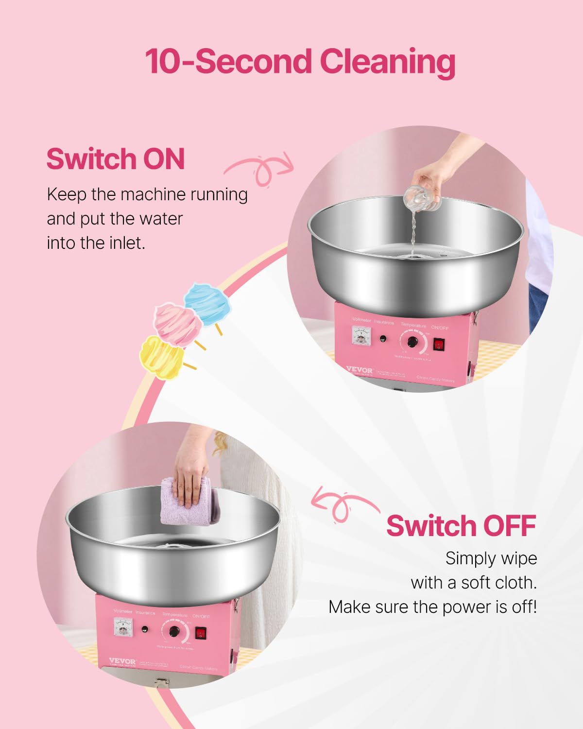 VEVOR elektrische Zuckerwattemaschine kommerzielle Zuckerwattegeräte (1000 W) mit 52 cm Edelstahlschüssel & Zuckerlöffel & Schublade, perfekt für Kindergeburtstage Familienfeiern Partys Rosa 4