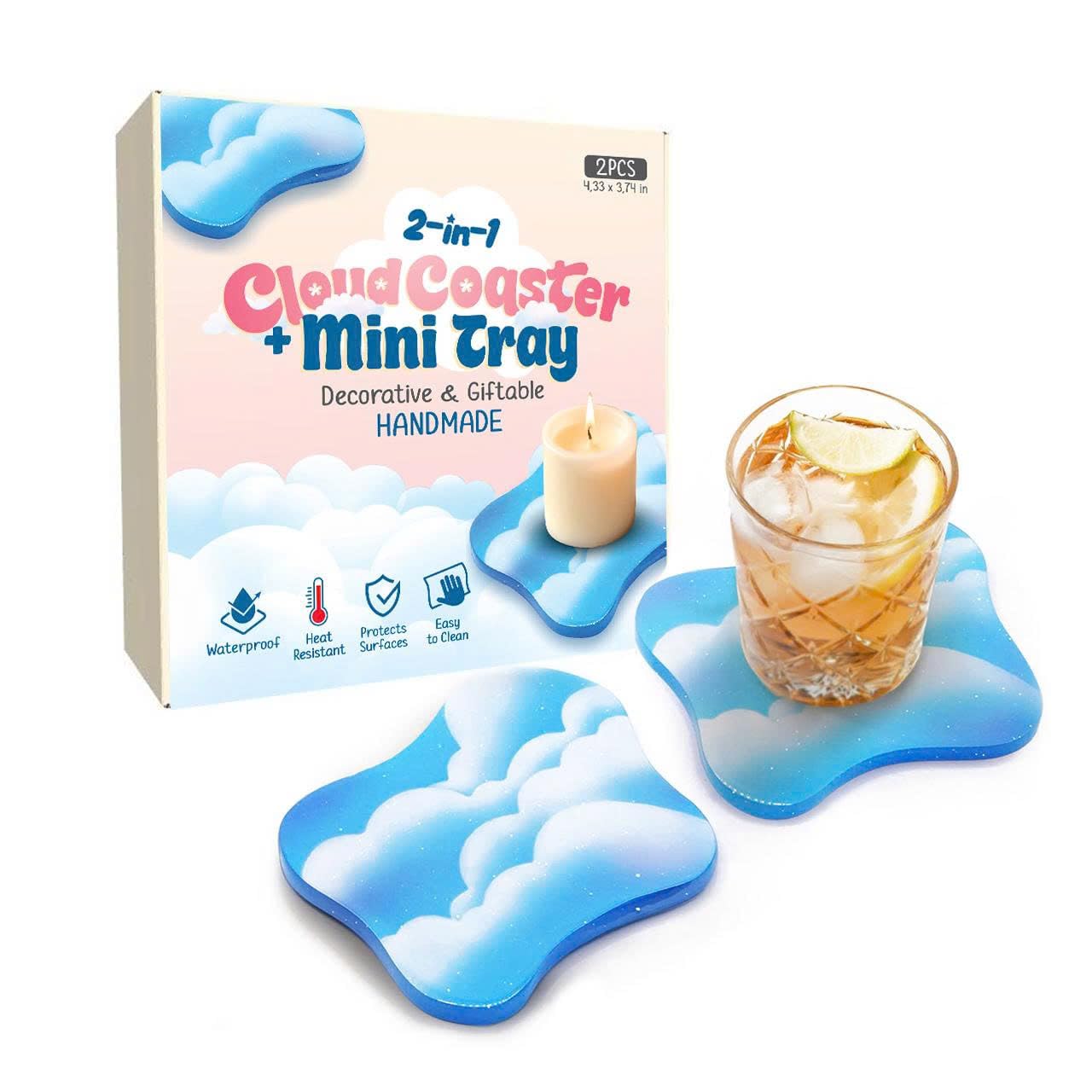 Photo 1 of 2-in-1 Cute Cloud Coaster & Mini Tray – Resin Pastel Decor Keeps Desks Clean & Cozy | Waterproof, Heat Resistant, Easy to Clean Aesthetic Gift for Girls, Any Occasion