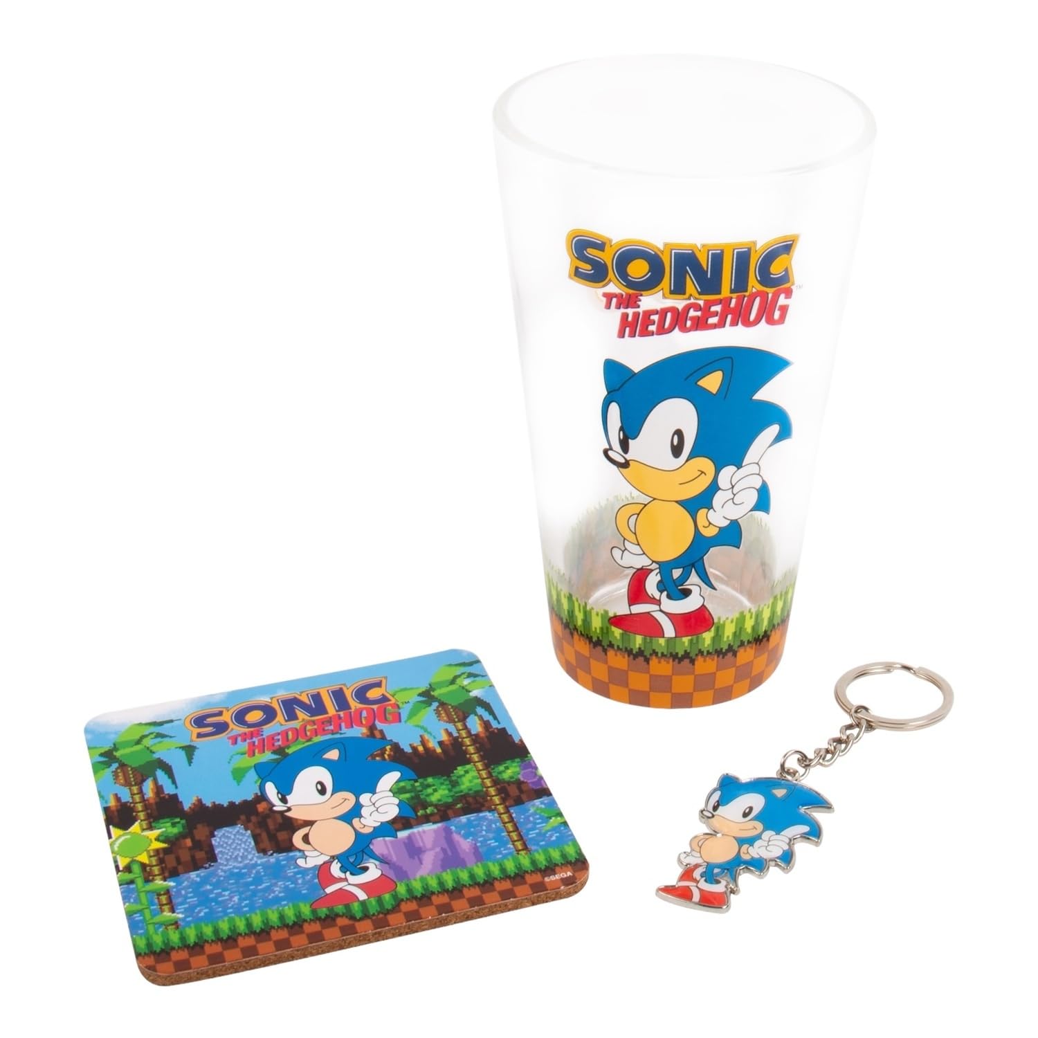 Fizz Creations SonicThe Hedgehog Keyring, Glass and Coaster Gift Set. 3 in 1 Gift Set. 480ml Capacity Drinking Glass. Officially Licensed Sonic The Hedgehog Merchandise