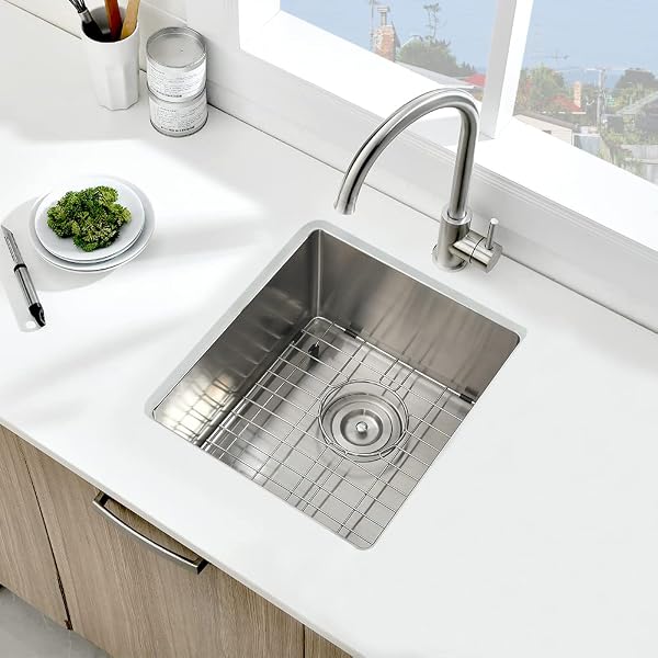 BOOMHOZE STAINLESS STEEL UNDERMOUNT BAR SINK, 15 X 17 INCHES SMALL WET BAR UNDERMOUNT 16 GAUGE SUS304 BRUSHED NICKEL SINGLE BOWL OUTDOOR KITCHEN SINK