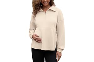 Bhome Women's Maternity Sweatshirts Half Zip Drawstring Waist Long Sleeve Side Slits Loose Fit Pullover Tops