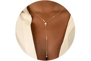 VRIUA Gold Necklace for Women, Dainty Gold Necklace 14K Gold Plated Lariat Pearl Y-Shaped Necklace Layered Bead Chain Diamond Drop Necklaces Minimalist Jewelry for Women