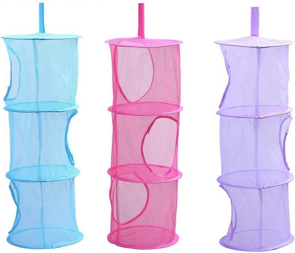 Tougo 3 Pack Hanging Mesh Toy Storage Organizer 3 Compartments Space Saver Bags - Best for Keeping Rooms Clean, Organized and Clutter-Free - Rose,Blue,Purple