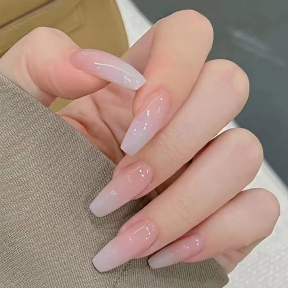 Carufin 24Pcs White Gradual Long Coffin Nail Shining Rhinestones Cute Nude Pink Fake Nails Press on Nails Ballet False Nails for Women Girls (B)
