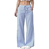 Striped Linen Pants Women Low Rise Wide Leg Pant Beach Elastic Waist Drawstring Lightweight Clothes Casual Trousers