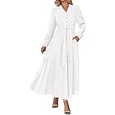 PRETTYGARDEN Maxi Dresses for Women Spring Long Sleeve V Neck Belted A Line Flowy Boho Wedding Guest Dress Pockets