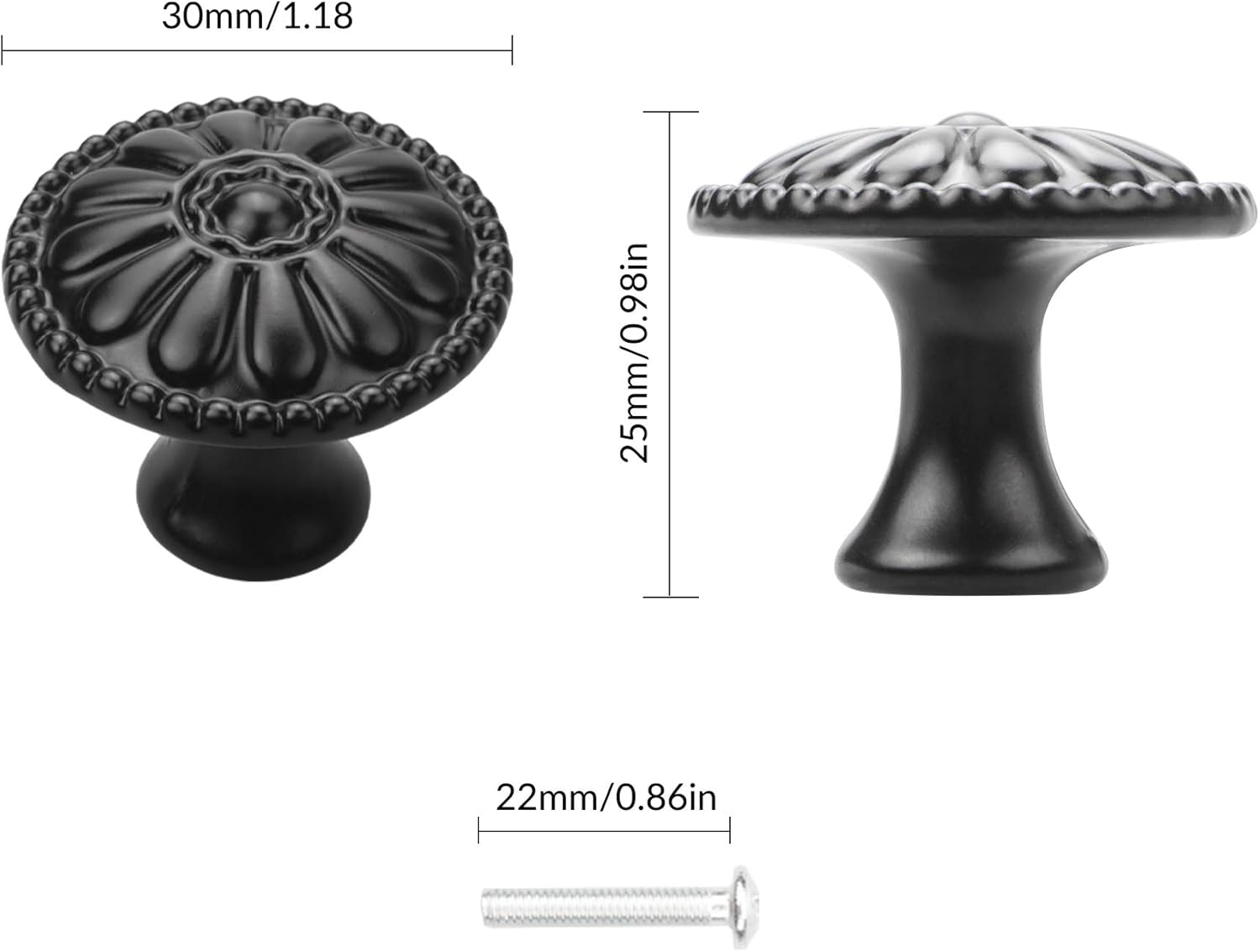 YEYIT Black Cabinet Handles - 16pcs Round Drawer Knobs & Mushroom Drawer Handle, 30MM Aluminum Alloy Flower Pattern with Screws - Image 3