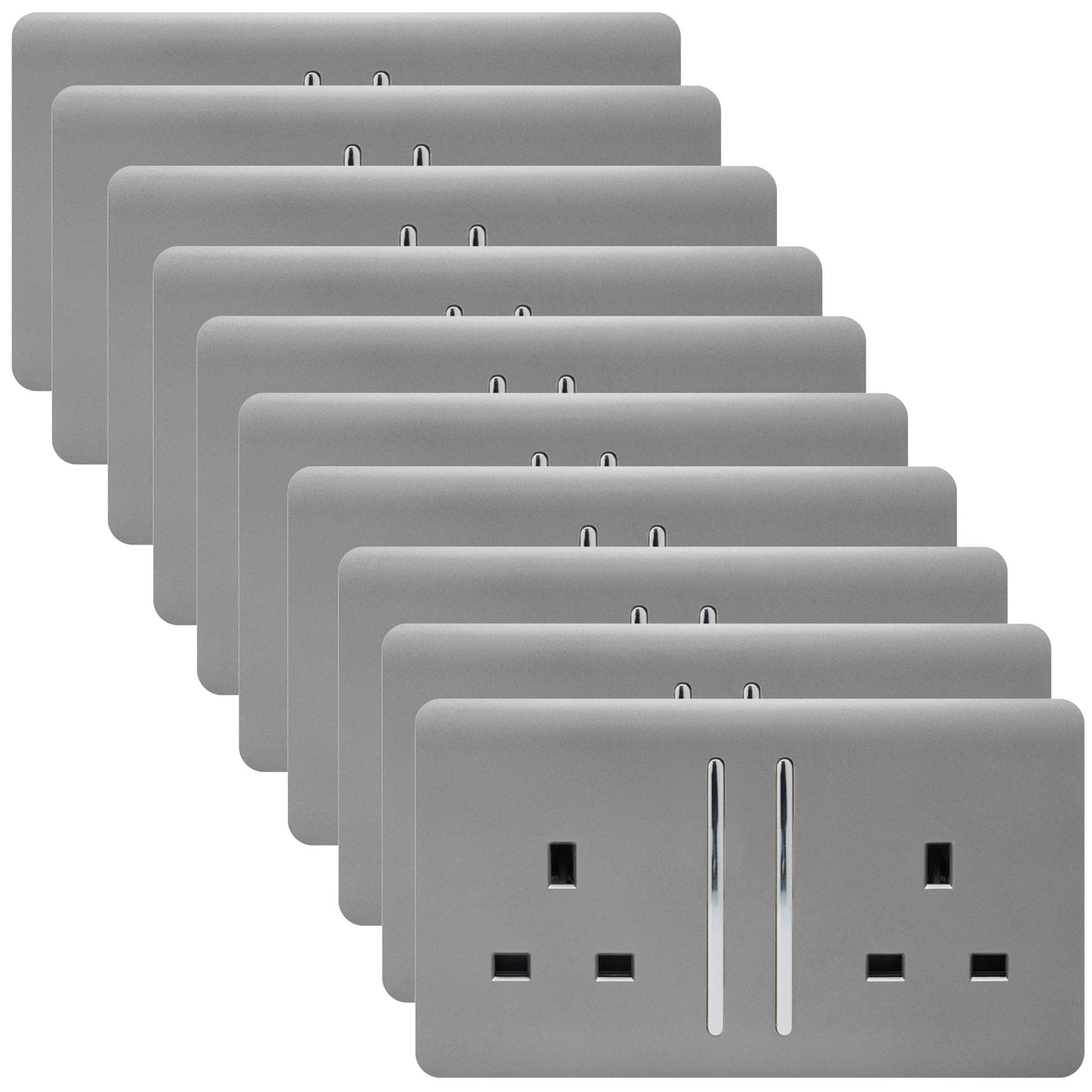 Trendi 2 Gang Artistic Modern Glossy 13 Amp Switched Tactile Plug Socket Light Grey (10 Pack)