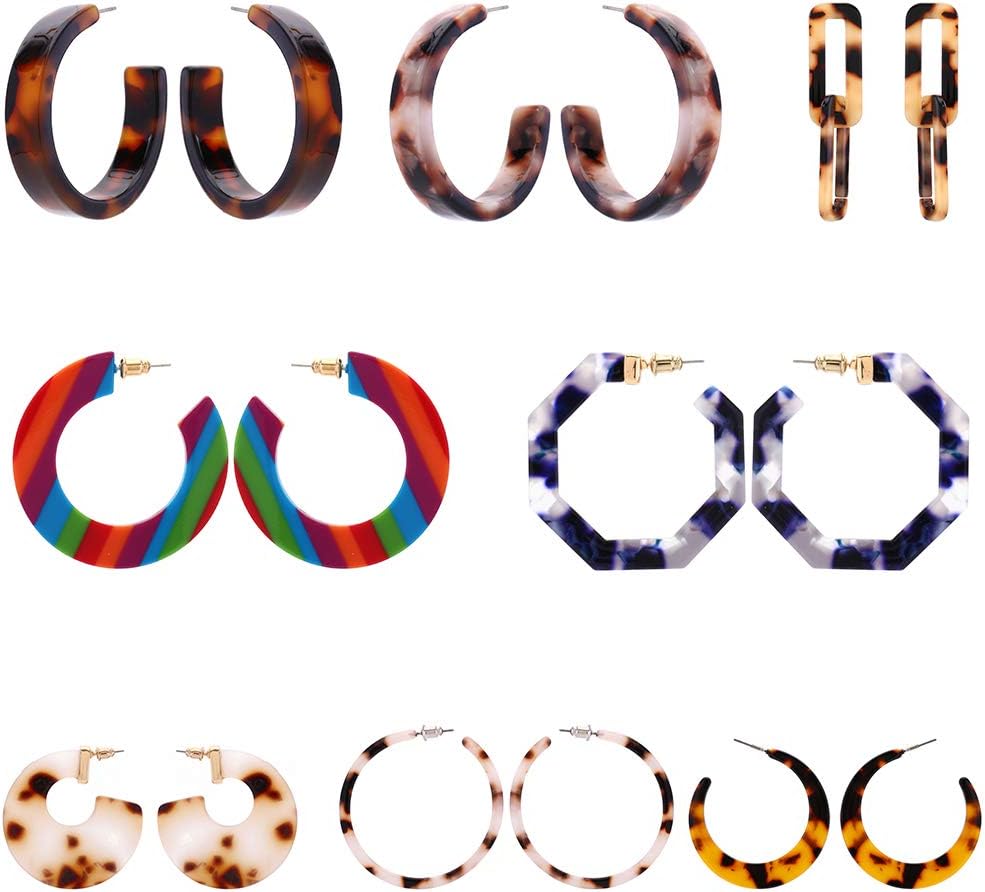 8 Pairs Acrylic Earrings Set for Women Mottled Hoop Earrings Acetic Acid Drop Dangle Earring Leaf Resin Minimalist Bohemian Statement Jewelry for Girls