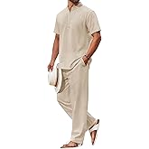COOFANDY Men's 2 Piece Cotton Sets Casual Short Sleeve Henley Shirts and Beach Pants with Pockets Summer Vacation Outfits