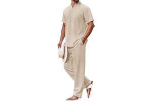 COOFANDY Men's 2 Piece Cotton Sets Casual Short Sleeve Henley Shirts and Beach Pants with Pockets Summer Vacation Outfits